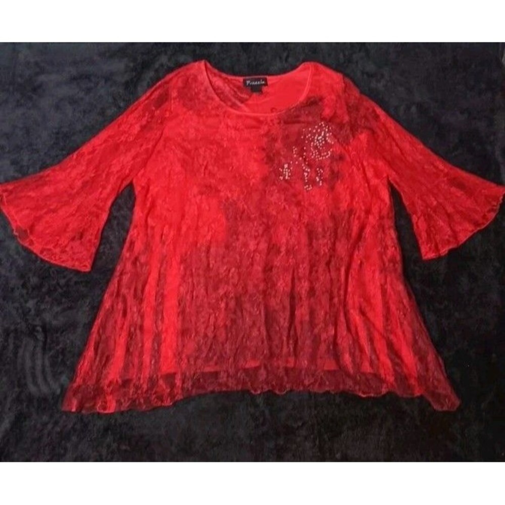 Frazzle Lace Overlay Bell Sleeve Tunic Blouse XXL Red Y2K Whimsigoth Dark Fairy